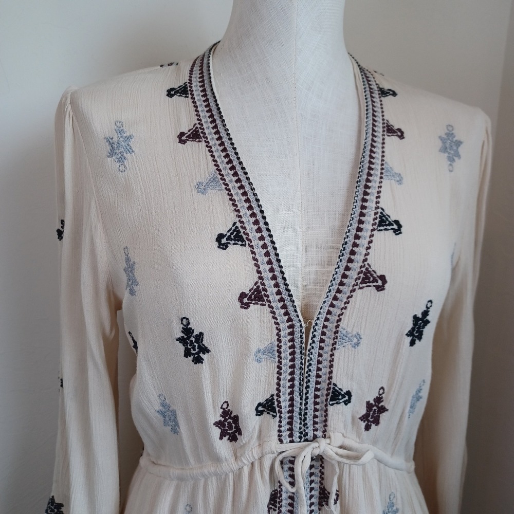 Free People Embroidered Gauze Mini Dress Cream Boho V-Neck Long Sleeve Womens M - Picture 3 of 14